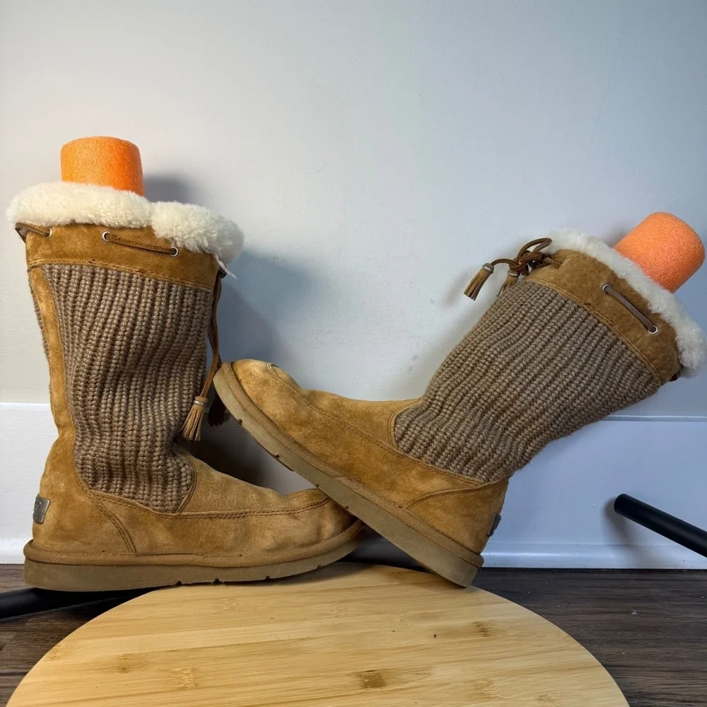 UGG Australia Suburb Crochet Boots Women's 7 Chestnut Brown Suede Knit Sheepskin
